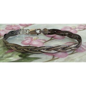 Vintage 80s Braided 925 Silver Herringbone Bracelet 7.5"